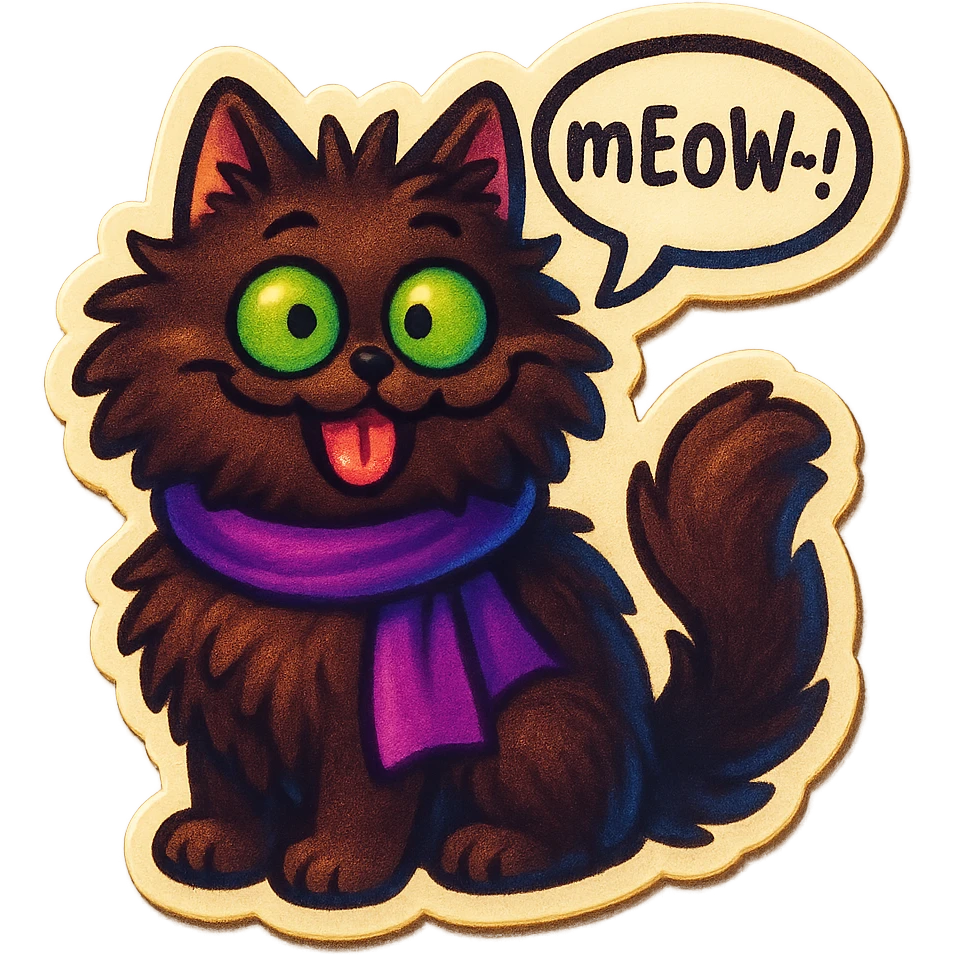 Fluffy cute derpy silly goofy funny dark-brown cat with green eyes and a purple scarf saying ‘mEoW~!’ (With a speech bubble) emoji