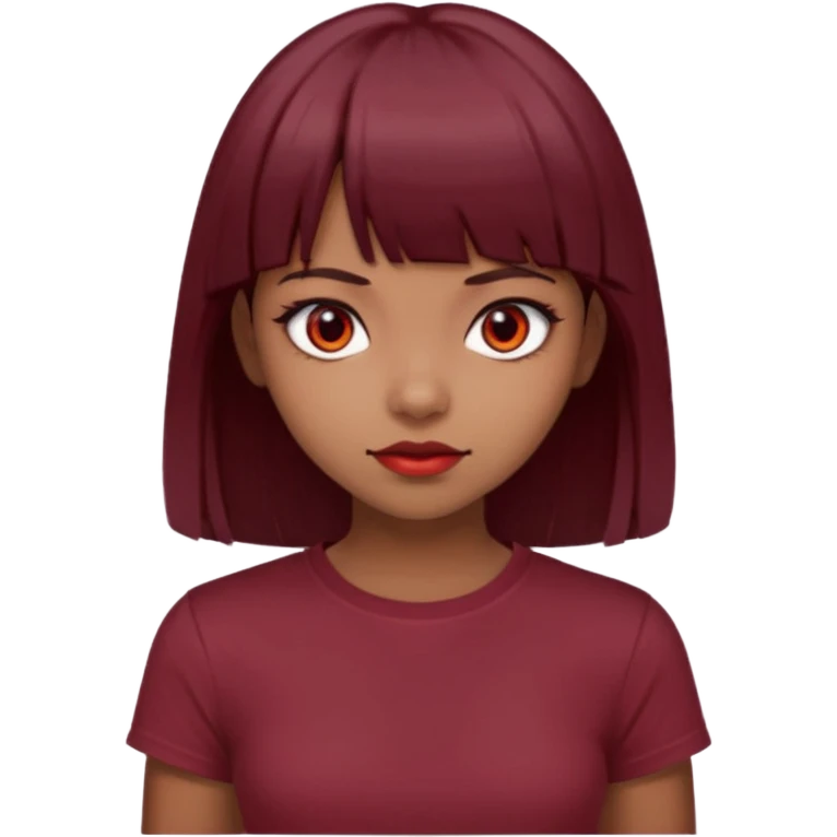 beautiful girl with dark maroon medium hair, straight bangs and red bando, red eyes and brown tshirt  emoji