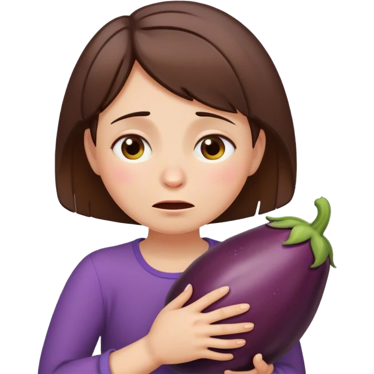 Girl with short brown hair hugging eggplant crying emoji
