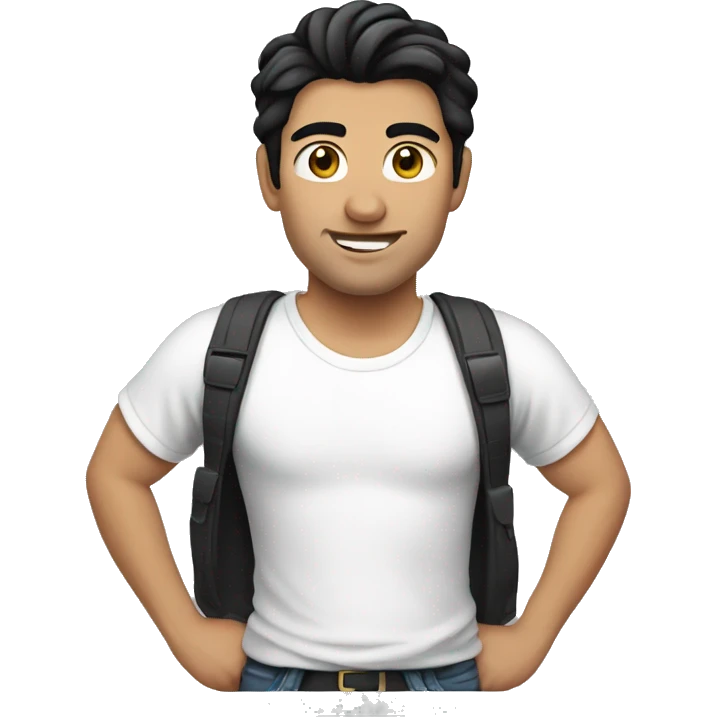 man with black hair, white T-shirt,  emoji