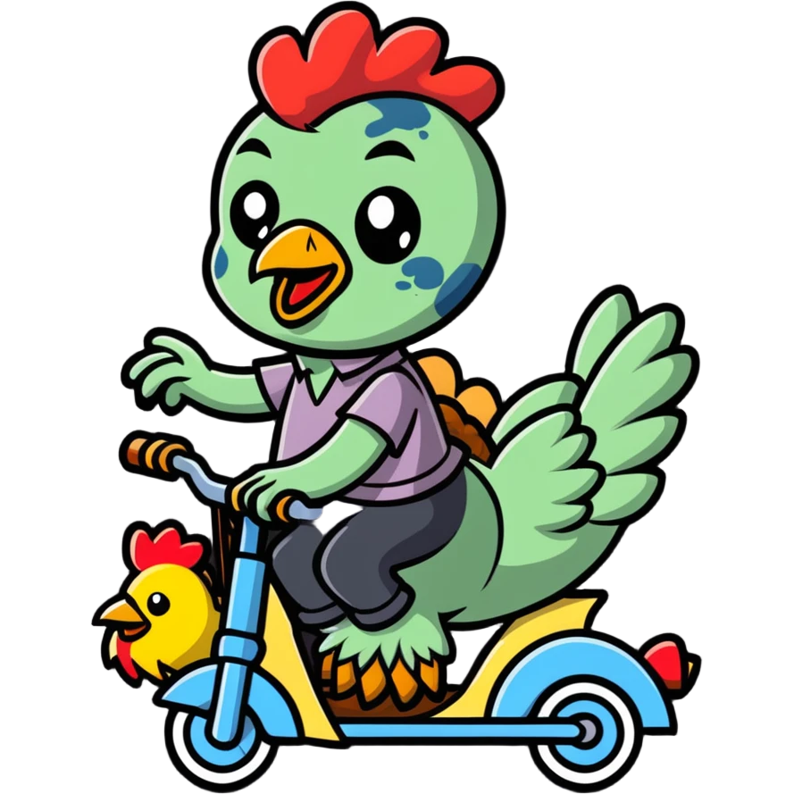 chicken jockey, a small zombie riding a chicken, cartoonish sticker style emoji