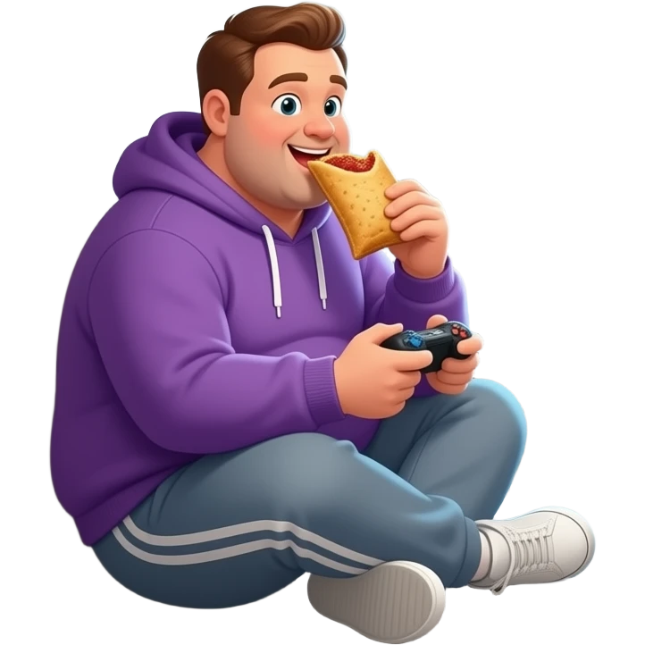 Fat guy eating hot pockets he lives in the basement of his moms house and is very lazy he is named Joe in the basement and he is wearing a hoodie and sweatpants and is very out of shape and he loves watching My Little Pony and playing video games emoji