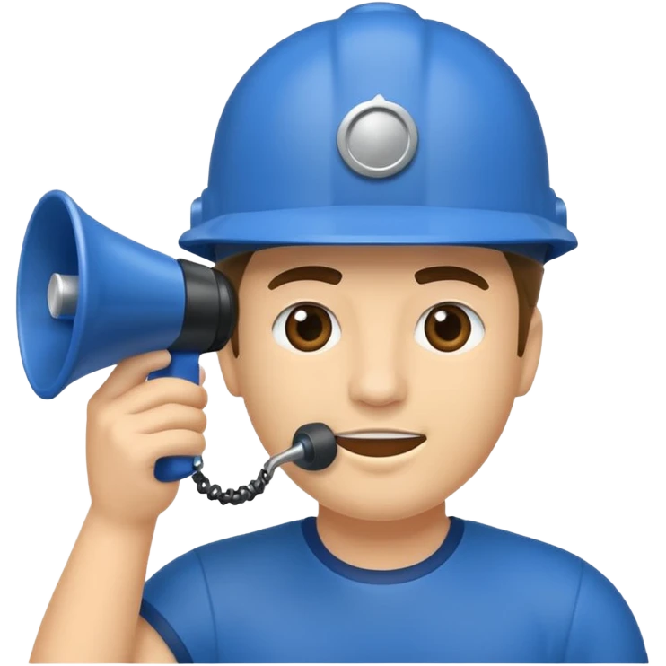 Um homem com capacete azul segurando um megafone emoji