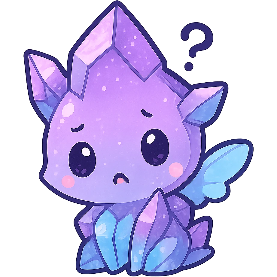 kawaii chibi style crystal sprite creature, purple, blue, and pink, with tiny magical wings, confused expression, tilted head emoji