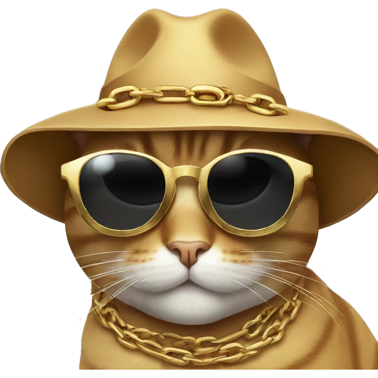 Cat wearing black sunglasses with a chain and a hat emoji