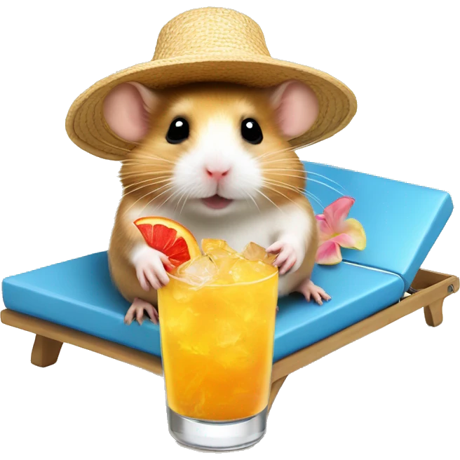 hamster with a sunhat drinking a coctail while laying in a sunbed emoji