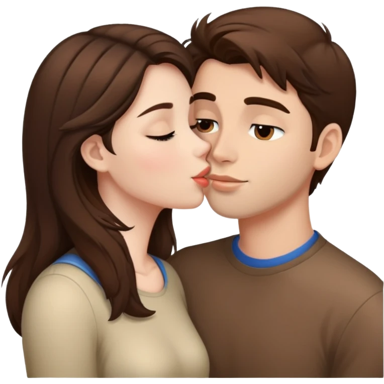 A brunette girl kisses a guy with brown hair. emoji