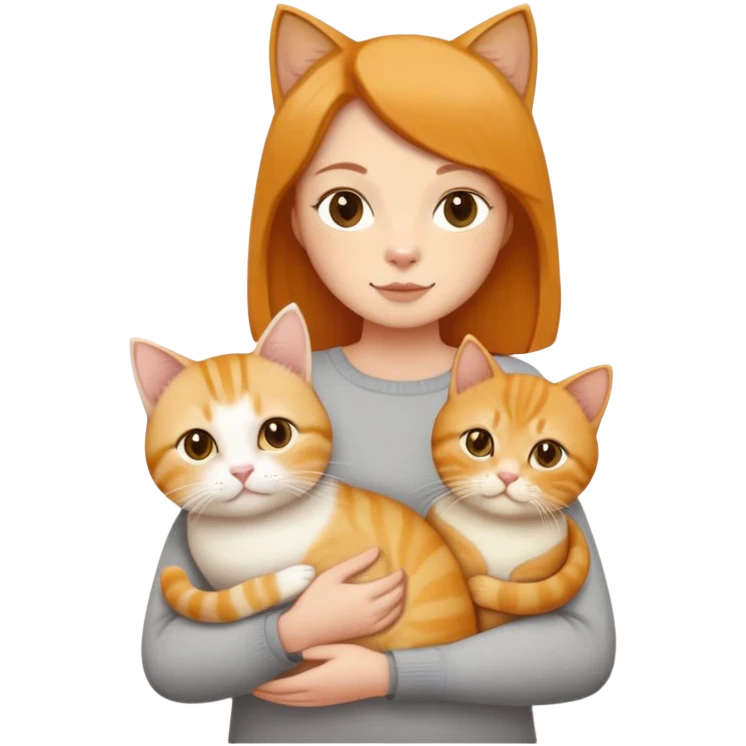 Straight short hair ear length in dark brown , skin tone honey . holding 3 cats - 1 ginger cat , 1yellow white cat , 1 cream color cat British short hair same size  emoji