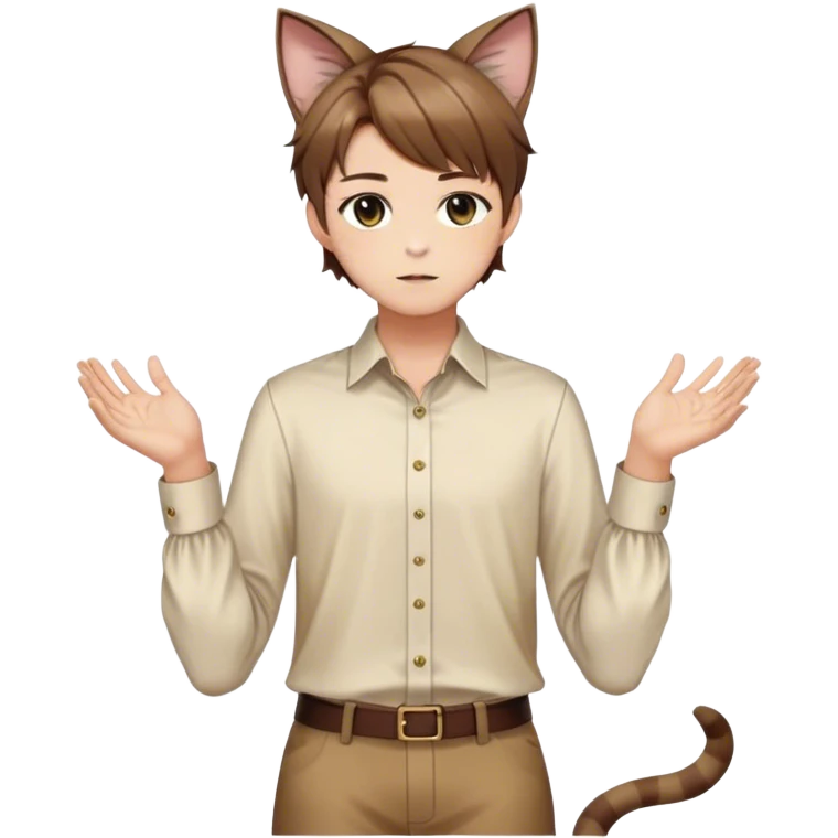 effeminate young femboy man with brown shiny hair, brown cat ears, blouse, cute, gorgeous, anime, catboy, full body emoji
