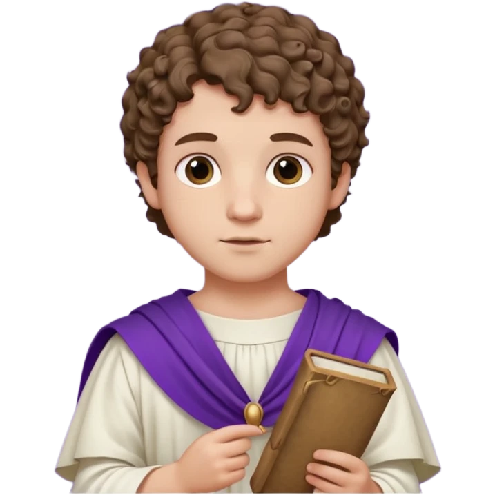 An emoji portrait of a young Roman patrician. He wears a white toga with a purple border. He has short curly hair and a dignified expression, holding a small scroll. emoji