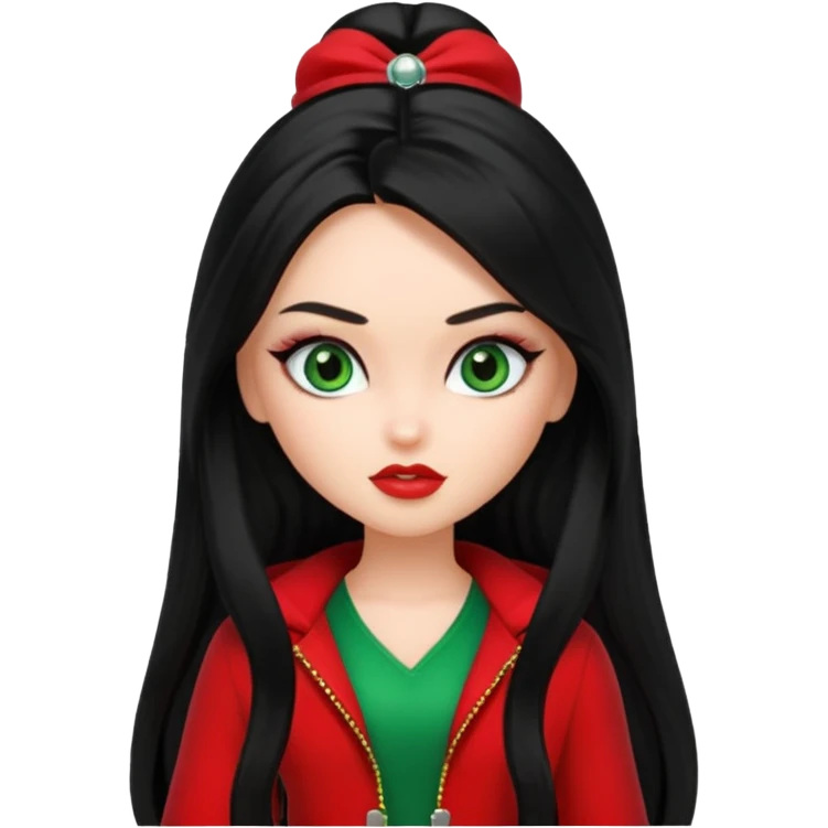 Bratz Jade black long hair green eyes, red outfit emoji