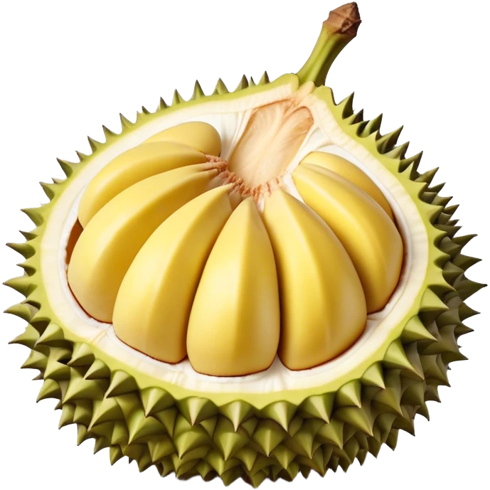 Cinematic Realistic Durian Fruit Dish Emoji, depicted as the notorious spiky fruit with a rich, custardy interior rendered with lifelike detail and bold, distinctive lighting. emoji