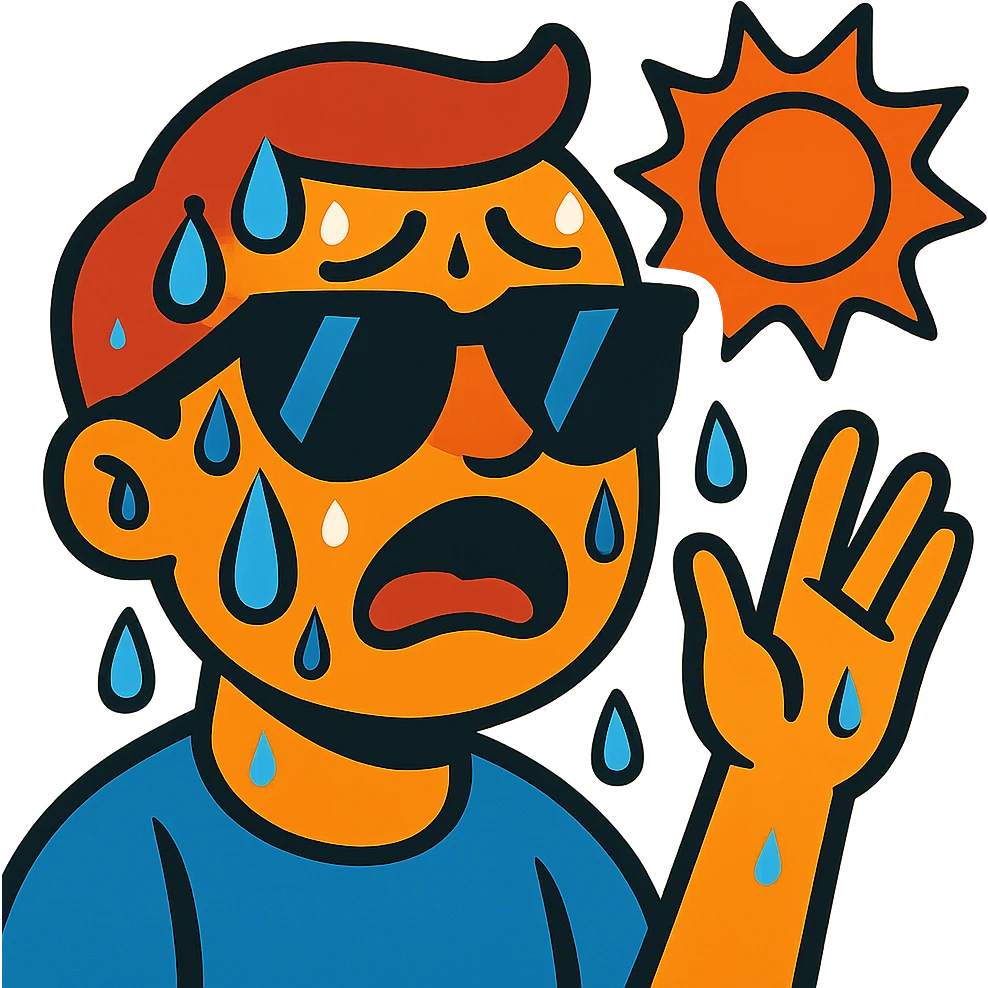 face with sunglasses, exaggerated sweating, feeling hot emoji