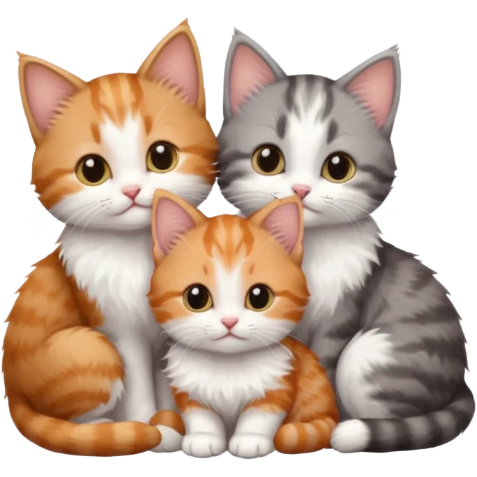 3 very small kittens cuddling together all different colours, the first one is grey and white, the second is ginger and white and the third is brown tabby and white emoji