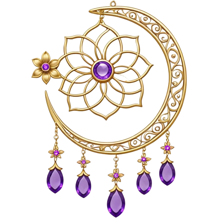 Epic beautiful gorgeous cute gold suncatcher, threads with shiny sparkly amethyst gemstones, flowers, crescents-moons emoji