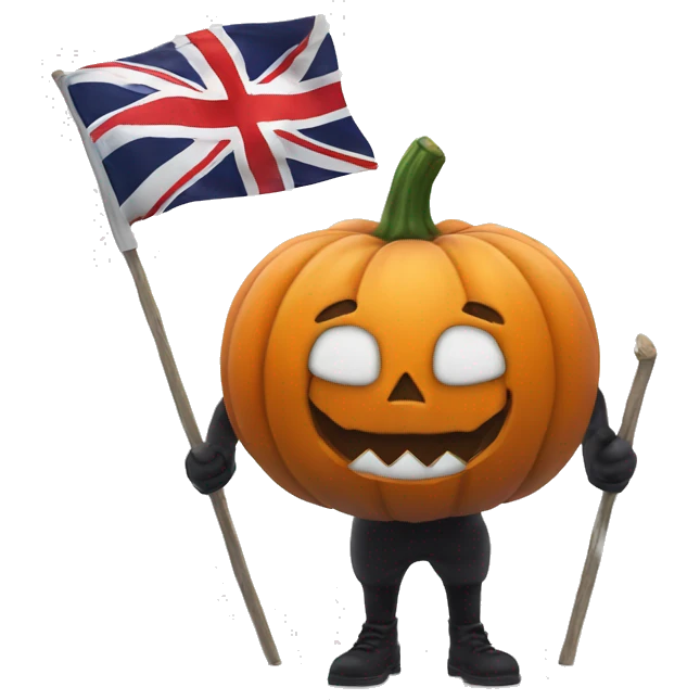 Holloween smiling Pumpkin with the britain flag in hands emoji