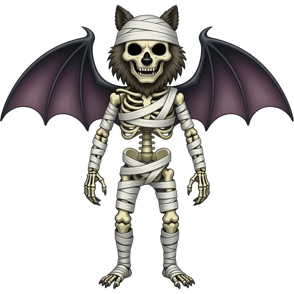 A zombie skeleton with a hairy werewolf body with bat wings wrapped up like a mummy emoji