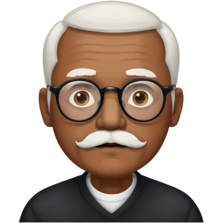 an elderly man with medium-dark skin tone, bald on top with short white hair at the sides, thick white eyebrows, large brown eyes, and wears black-framed glasses.
A small white beard sits above his mouth emoji
