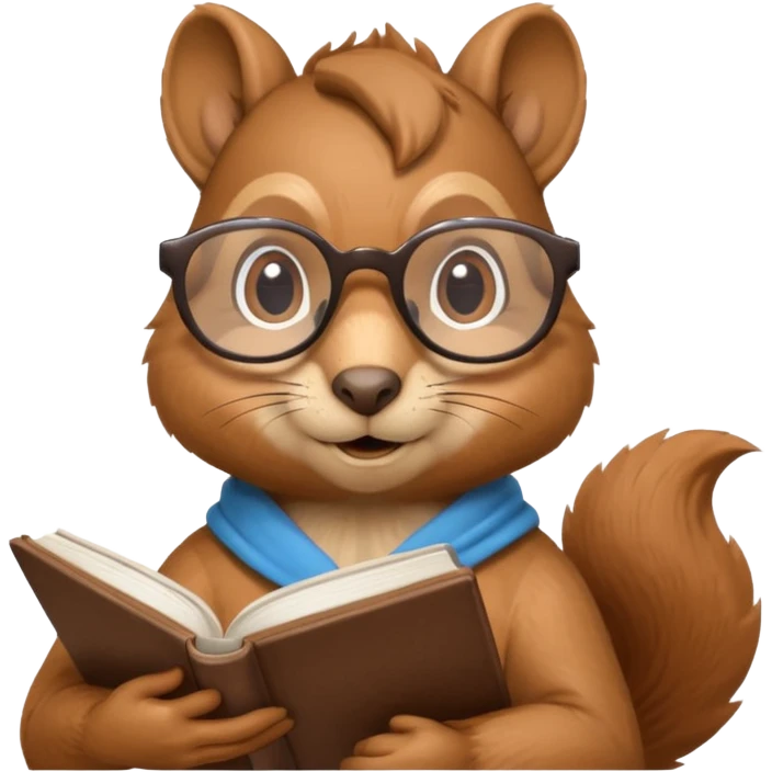 écureuil savant, pose de réflexion, tenant un livre, lunettes emoji