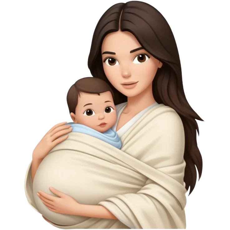 brunette Kendall Jenner with long hair holding newborn baby in swaddling cloth emoji