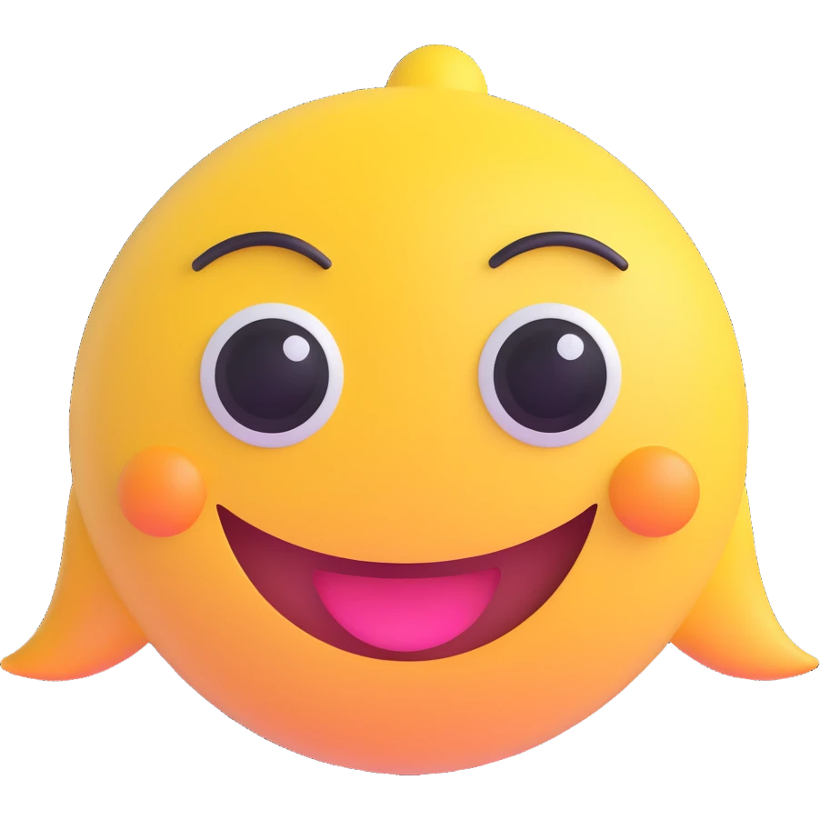 3D smiley emoji, large eyelashes, girly, sparkling eyes, smiling emoji