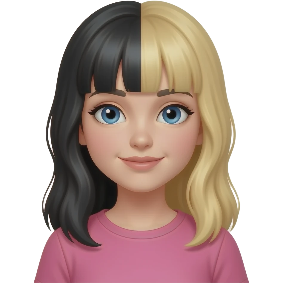 Girl with white skin, black and blonde hair and blue eyes wearing pink emoji