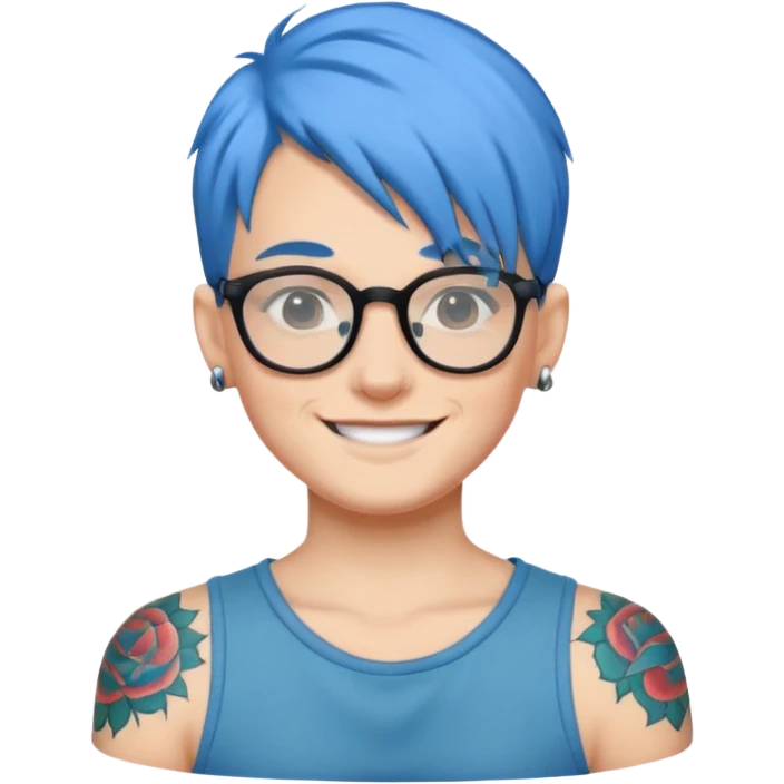 smiling person with blue hair, glasses, tattoo emoji