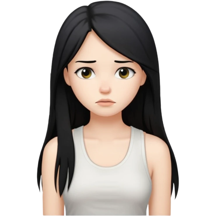a pretty bratz fair girl with long straight black hair  with a white tank top slightly sad emoji