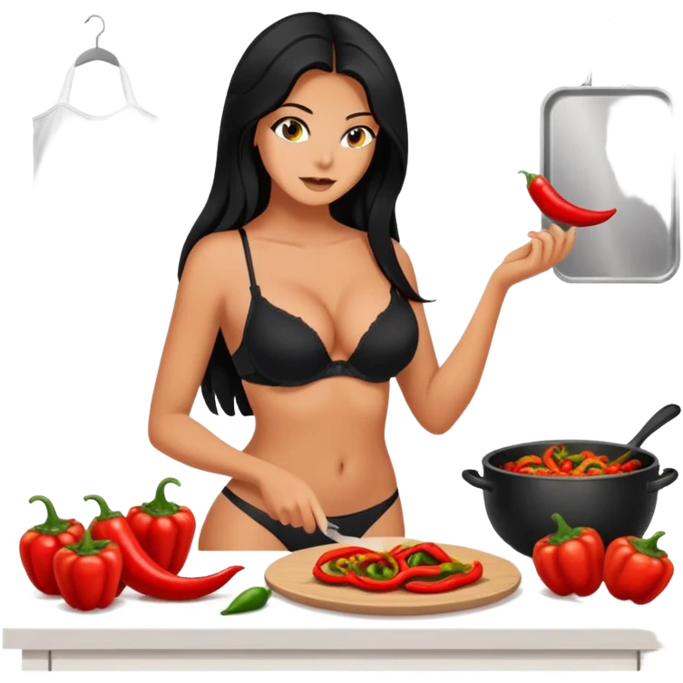 cooking, black long hair tanned woman, black bra and panties, spicy food emoji