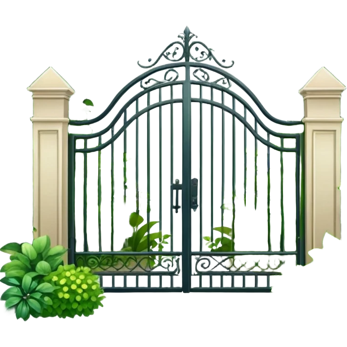 house entrance with iron gate and fence surrounded by lush green plants and bushes emoji