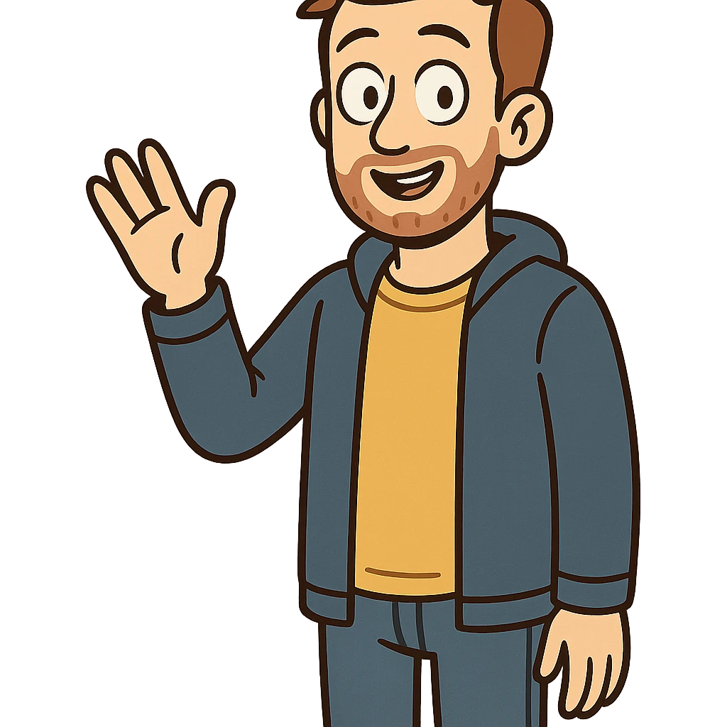 Corentin Carlier in flat toon style, casual clothes, waving emoji