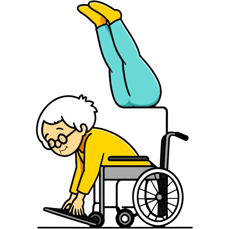 Old woman doing a headstand with a wheel chair  emoji