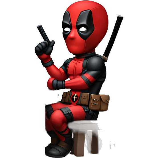 Cute Deadpool sitting at a desk, front view emoji