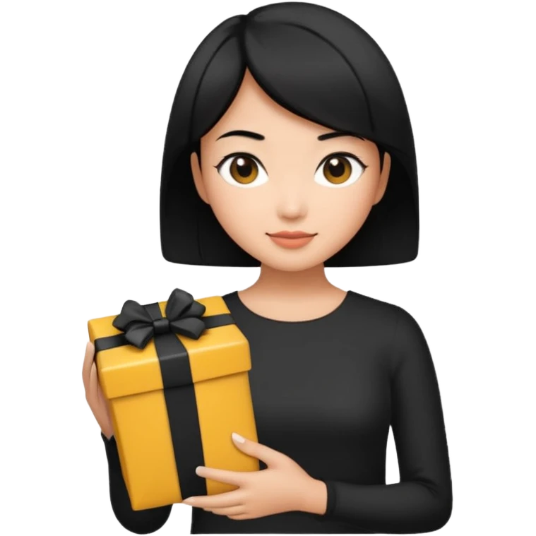 asian woman short hair tanned, holding with black present - emoji style emoji