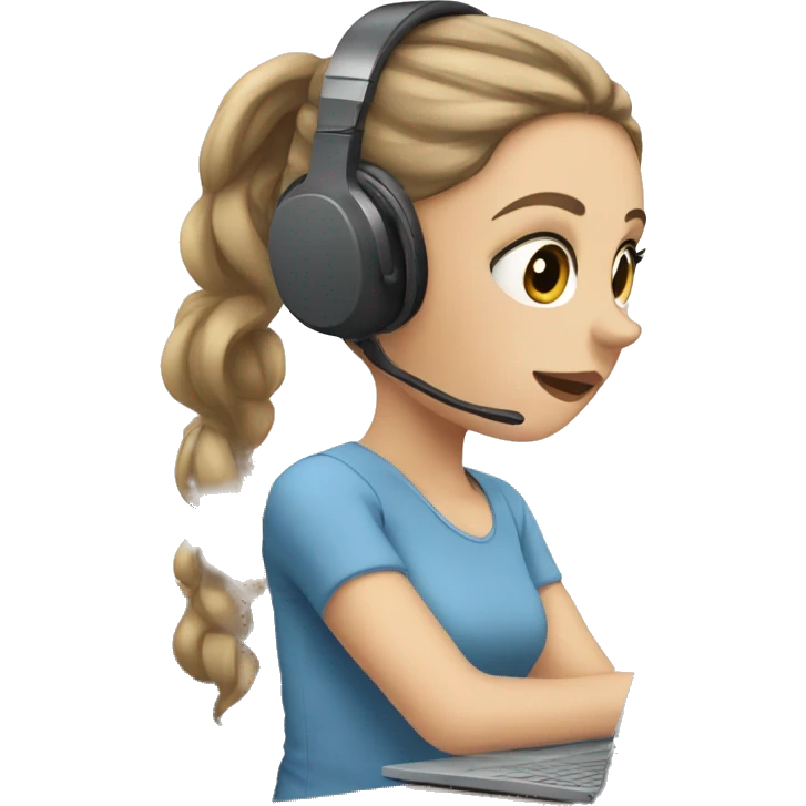 white girl at desk, brown hair, ponytail, blue eyes, computer, headphones emoji