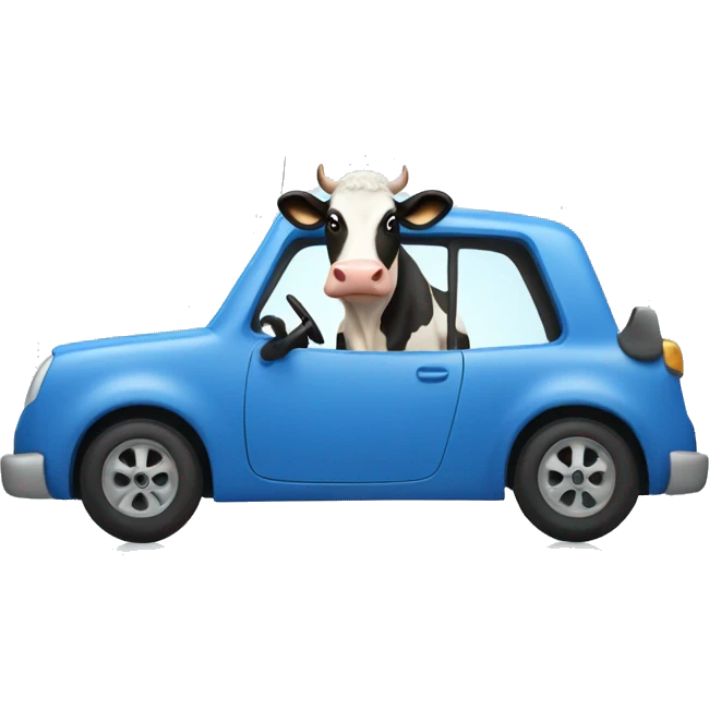 Cow driving blue car with baby in back emoji