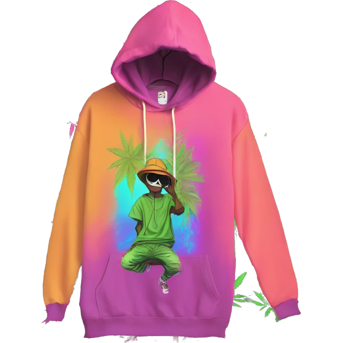 Hemp leaves Multicoloured neon person smoking wearing hoodie dancing hip hop bucket hat tropical Skater fashion aesthetic baggy clothes graphic t shirt 420 emoji