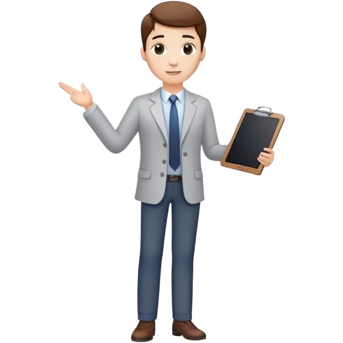 professional character standing and gesturing with one hand, while holding a clipboard or tablet in the other. The character wears smart casual business attire. Clean cartoon style, white background, iOS emoji aesthetic. emoji