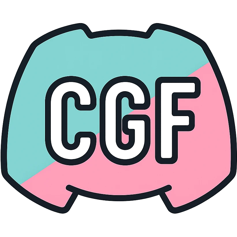 Discord emoji for a server featuring the letters 'CGF' in white and pastel colors, clean, modern, easily readable, transparent background, 128x128 emoji