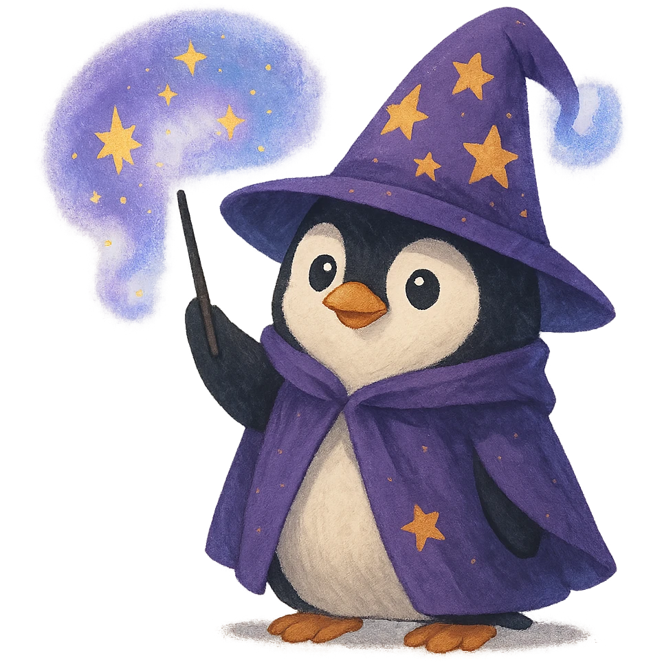 penguin wizard waving a wand wearing a purple hat with an enchanted aura emoji