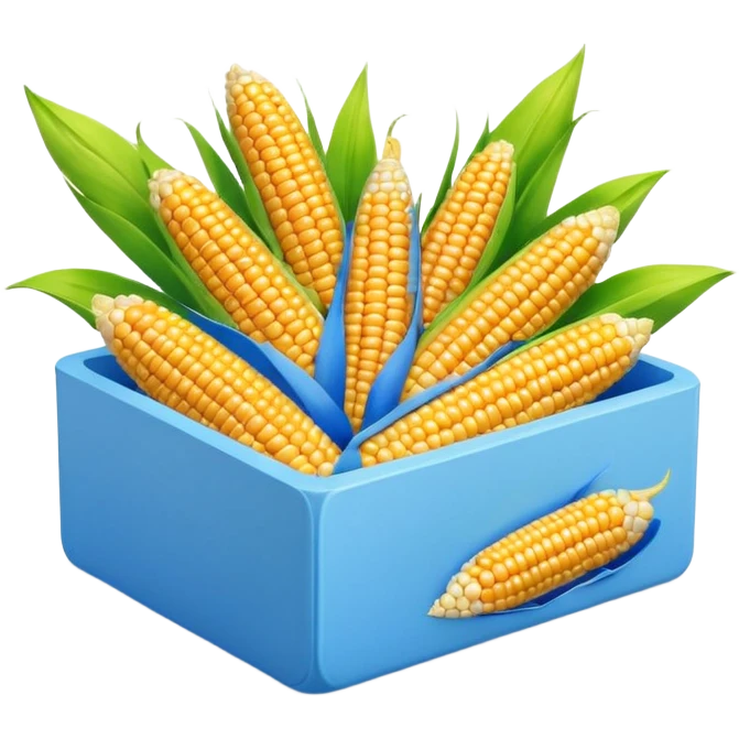 cornstarch box, yellow with blue, rounded edges, corn cob with green leaves, 'CORN STARCH' in red, smooth glossy, minimal, clean 3D, soft shadows, transparent background, emoji scale emoji