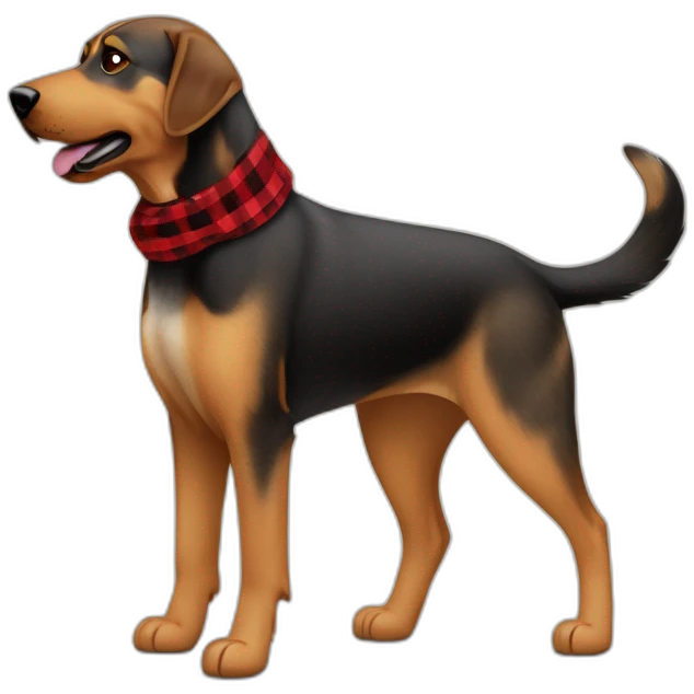 adult 75% Coonhound 25% German Shepherd mix dog with visible tail wearing small pointed red buffalo plaid bandana full body walking left quickly emoji
