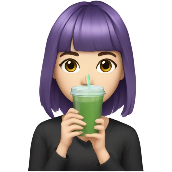  one white girl with eyeliner, mid length hair wavy, purple hair, bangs, holding iced matcha, dark shirt emoji