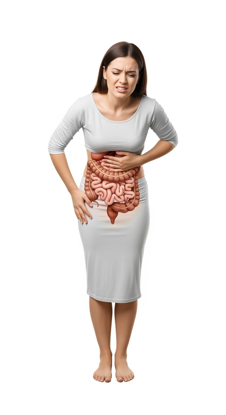 DONNA A FIGURA INTERA CON intestino ANATOMICO REALISTICO IN EVIDENZA, CON ESPRESSIONE DI DOLORE IN VOLTO PERCHé SOFFRE DI mal di pancia, SFONDO BIANCO emoji