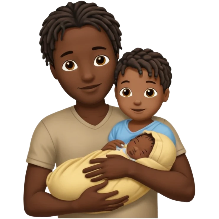 Happy African very dark black skinDad with short dread locs, with his newborn in arm,faceless brown skin newborn baby in arm emoji