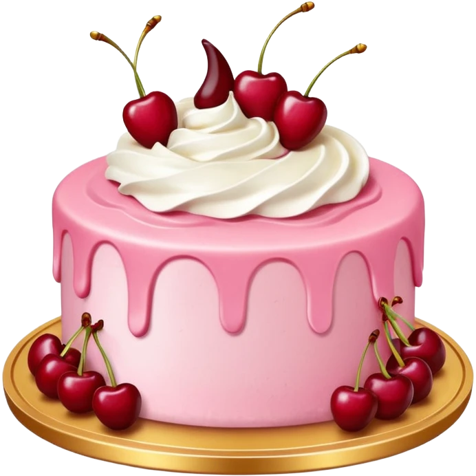 Round pink frosted cake with textured buttercream sides, placed on a gold cake board.
White whipped cream swirls on top, each topped with glossy red cherries with stems, clean studio lighting, isolated background, realistic minimal smooth emoji-style. emoji