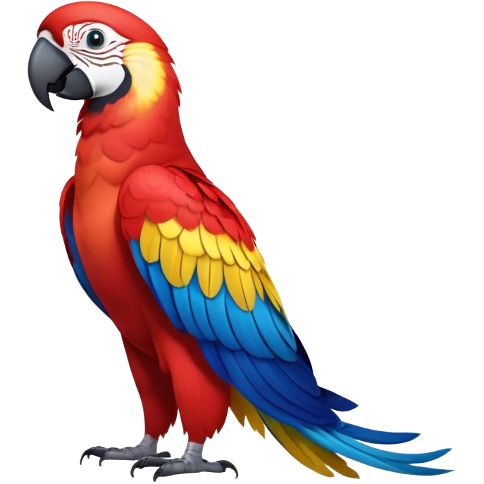 cinematic-macaw-realistic-full-body-standing-emoji,-vibrant-feathers-glowing-with-rich-reds,-blues,-and-yellows,-head-tilted-dramatically,-curved white-beak-gleaming,-piercing-dark-eyes-exuding-confidence,-simplified-yet-realistic-focused emoji