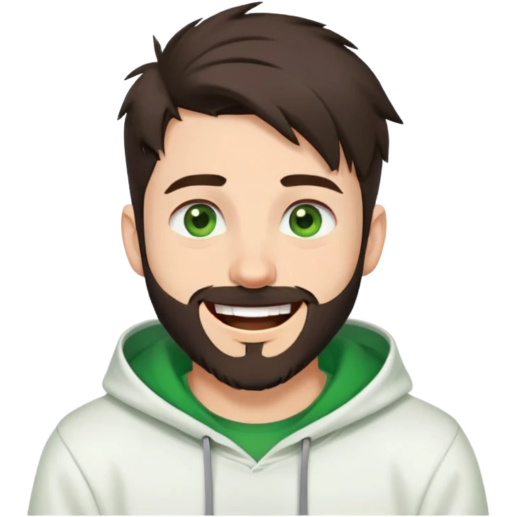 laughing guy with white hoodie, green t-shirt underneath, green eyes, dark brown undercut hairstyle and a short full beard emoji