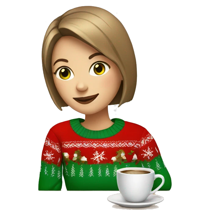Light brown short haired girl with green eyes drinking coffee wearing red Christmas sweater emoji