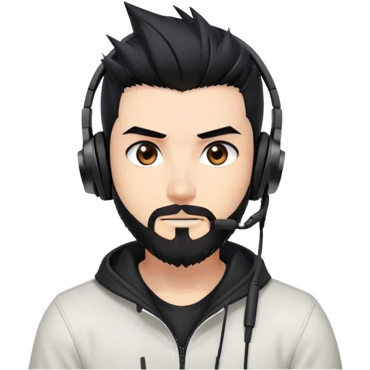 Highly detailed anime-style man with spiky black hair, expressive brown eyes, neat black beard, wearing professional gaming headphones, sharp facial features, anime shading and highlights emoji